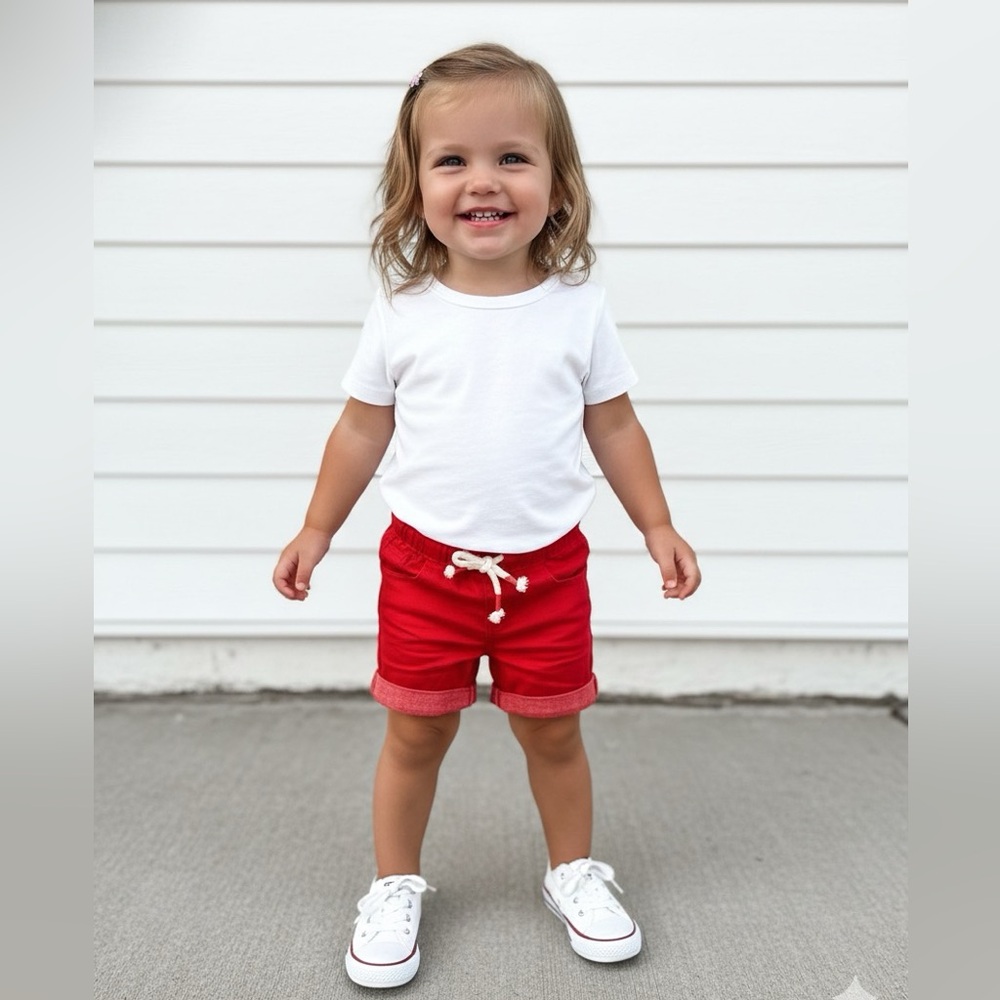 Okie-Dokie red denim long shorts, unisex, brand new, drawstring, 18 mon.